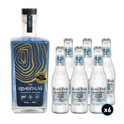 1x Gin Elemental 45 700cc 45º alc.+ 6x Agua Tónica Fever Tree Indian Naturally Light 200cc
