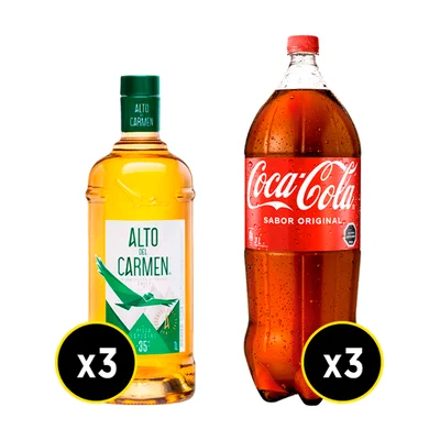 3 Piscos Alto Del Carmen 35º Botella 1lt + 3 Coca Cola 3lts