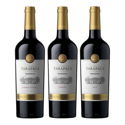 3x Tarapacá Reserva: Vino Tarapacá Reserva Cabernet Sauvignon 750cc + Carmenere 750cc + Syrah 750cc