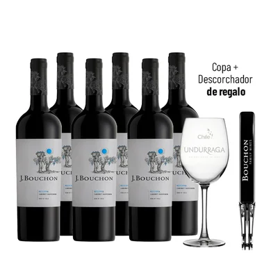 6 Vinos J. Bouchon Reserva Cabernet Sauvignon 750cc + 1 Descorchador Bouchon + 1 Copa Undurraga
