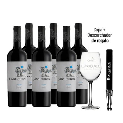 6 Vinos J. Bouchon Reserva Carmenere 750cc + 1 Descorchador Bouchon + 1 Copa Undurraga