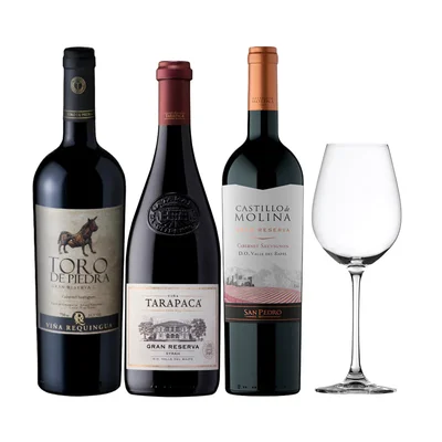 Arma tu Pack - 3x Vino Gran Reserva Tarapacá / Toro de Piedra / Castillo de Molina 750cc + Copa de Regalo
