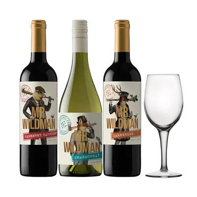Arma tu Pack - 3x Vino Mr. Wildman Cepas 750cc + Copa de Regalo