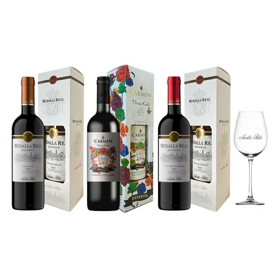 Arma tu Pack - 3x Vinos Reserva Medalla Real / Carmen Frida Kahlo 750cc + Copa Santa Rita de Regalo