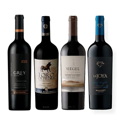 BLACK WINE PACK N°8: Vino Ventisquero Grey Carmenere 750cc + Vino Toro de Piedra Cabernet Sauvignon 750cc + Vino Siegel Single Vineyard Cabernet Sauvignon 750cc + Vino La Joya Bisquertt Single Vineyard Carmenere 750cc