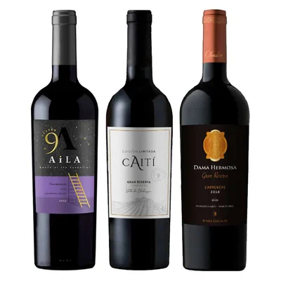 BOOZ CHOICE Nº8 (Carmenere): 1x Vino Aila Heaven Gran Reserva Carmenere 750cc + 1x Vino Caiti Gran Reserva Carmenere 750cc + 1x Vino Chocalan Dama Hermosa Gran Reserva Carmenere 750cc