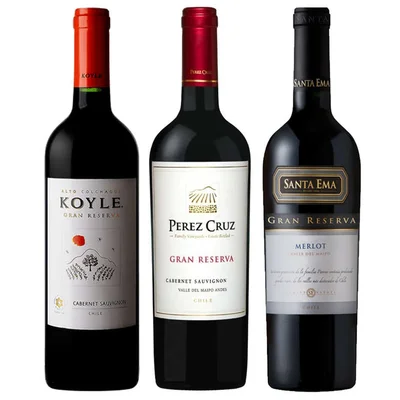 CYBER WINE PACK Nº13: 1x Vino Koyle Gran Reserva Cabernet Sauvignon 750cc + 1x Vino Perez Cruz Gran Reserva Cabernet Sauvignon 750cc + 1x Vino Santa Ema Gran Reserva Merlot 750cc