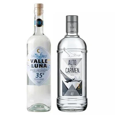 DUO ALTO DEL CARMEN - VALLELUNA: 1x Pisco Alto del Carmen Transparente 750cc 40º alc. + 1x Pisco Valleluna Doble Destilado 750cc 40° alc.