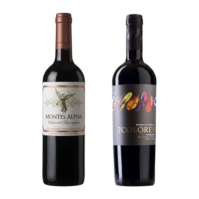 DUO MONTES ALPHA - 7 COLORES: 1x Vino Montes Alpha Cabernet Sauvignon 750cc + 1x Vino 7 Colores Single Vineyard Red Blend 750cc
