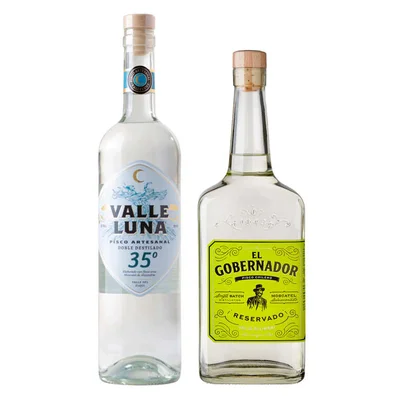 DUO PISCOS TRANSPARENTES N°1: 1x Pisco Valleluna Doble Destilado 750cc 35º alc. + 1x Pisco El Gobernador Reservado 750cc 40º alc.