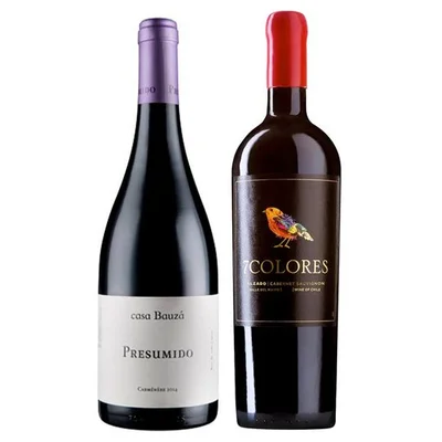 DUO PRESUMIDO - 7 COLORES: 1x Vino Casa Bauzá Presumido Carmenere 750cc + 1x Vino 7 Colores Icono Alzado Cabernet Sauvignon 750cc
