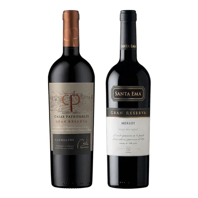 DUO SANTA EMA - PATRONALES: 1x Vino Santa Ema Gran Reserva Merlot 750cc + 1x Vino Casas Patronales Gran Reserva Carmenere 750cc