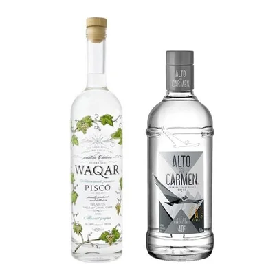 DUO WAQAR + ALTO: 1x Pisco Waqar 700cc + 1x Pisco Alto del Carmen Transparente 750cc 40º alc.