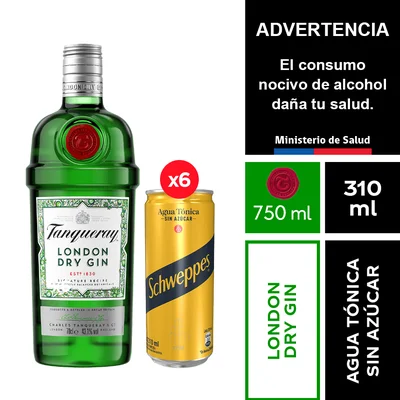 Gin Tanqueray London 700 Ml.+ Schweppes Agua Tónica Sin Azúcar 6 X 310 Ml.