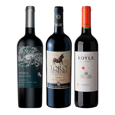 GRAN TRIO CARMENERE: 1x Vino Toro de Piedra Carmenere 750cc + 1x Vino Odfjell Orzada Carmenere 750cc + 1x Vino Koyle Gran Reserva Carmenere 750cc