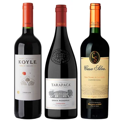 GRAN TRIO N°9: 1x Vino Koyle Gran Reserva Carmenere 750cc + 1x Vino Tarapacá Gran Reserva Carmenere 750cc + 1x Vino Casa Silva Gran Terroir Carmenere 750cc