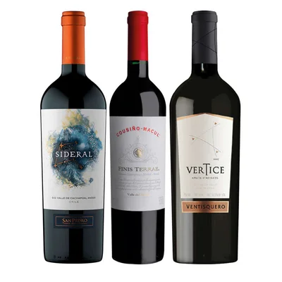 GRAN TRIO PREMIUM Nº2: 1x Vino Sideral Blend 750cc + 1x Vino Cousiño Macul Finis Terrae (CA/ME/SY) 750cc + 1x Vino Ventisquero Vertice 750cc