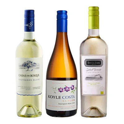 GRAN TRIO SAUVIGNON BLANC Nº5: 1x Vino Casas del Bosque Reserva Sauvignon Blanc 750cc + 1x Vino Santa Ema Select Terroir Reserva Sauvignon Blanc 750cc + 1x Vino Koyle Costa La Flor Gran Reserva Sauvignon Blanc 750cc