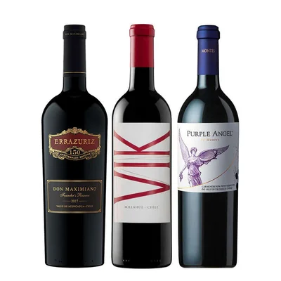 MASTER PACK VINOS ICONOS: 1x Vino Errazuriz Don Maximiano 750cc + 1x Vino VIK (CB/CA/CF/ME/SY) 750cc + 1x Vino Montes Purple Angel 750cc