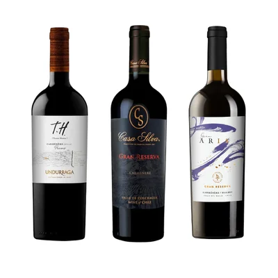 Pack 3 Vinos Carmenere: Undurraga TH Peumo + Casa Silva Gran Reserva + Gran Aria 750cc