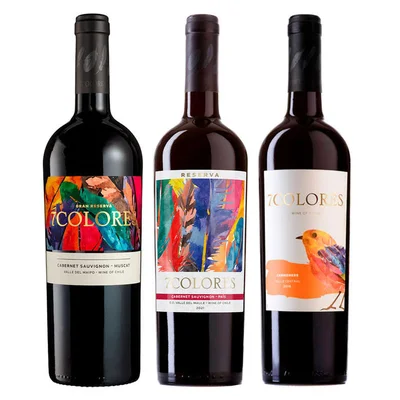 PACK 7 COLORES N°6: 1x Vino 7 Colores Gran Reserva Cabernet Sauvignon-Muscat 750cc + 1x Vino 7 Colores Reserva Cabernet Sauvignon Pais 750cc + 1x Vino 7 Colores Carmenere 750cc