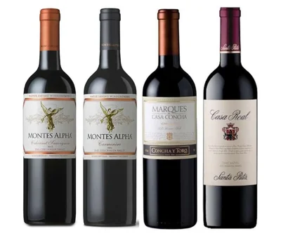 PACK ALPHA MARQUES CASA: Vino Montes Alpha Cabernet Sauvignon 750cc + Vino Montes Alpha Carmenere 750cc + Vino Marques de Casa Concha Carmenere 750cc + Vino Casa Real Cabernet Sauvignon 750cc