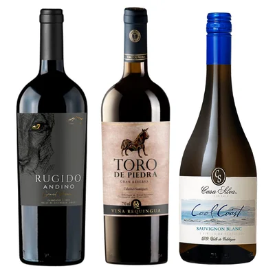 Pack Capas: Rugido Andino Carmenere + Toro de Piedra Cabernet Sauvignon + Cool Coast Sauvignon Blanc 750cc
