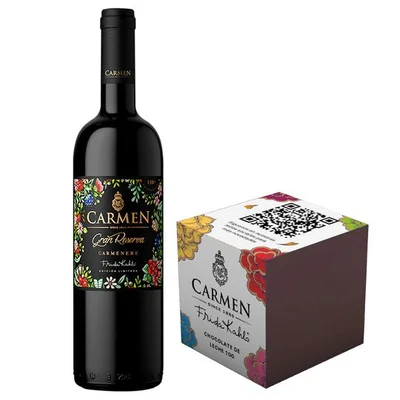 PACK CARMEN FRIDA KAHLO GR + CAJA CHOCOLATE: 1x Vino Carmen Gran Reserva Frida Kahlo Carmenere 750cc + 1x Caja Chocolate Carmen Frida Kahlo