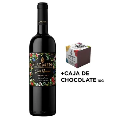 PACK CARMEN FRIDA KAHLO GR + MINI CAJA CHOCOLATE (10gr): 1x Vino Carmen Gran Reserva Frida Kahlo Carmenere 750cc + 1x Mini Caja Chocolate Carmen Frida Kahlo