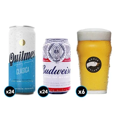 PACK CERVEZA: 24x Cerveza Budweiser en Lata 354cc + 24x Cerveza Quilmes Lata 473cc + 6x Vaso Goose Island IPA