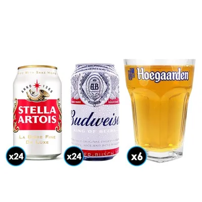 PACK CERVEZA: 24x Cerveza Budweiser en Lata 354cc + 24x Cerveza Stella Artois Lata 354cc + 6x Vaso Vidrio Hoegaarden 500cc