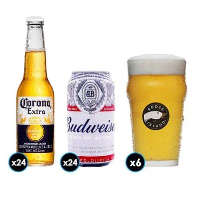  PACK CERVEZA: 24x Cerveza Corona Extra en Botellas 330cc + 24x Cerveza Budweiser en Lata 354cc + 6x Vaso Goose Island IPA