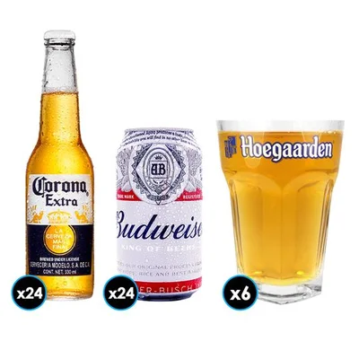 PACK CERVEZA: 24x Cerveza Corona Extra en Botellas 330cc + 24x Cerveza Budweiser en Lata 354cc + 6x Vaso Vidrio Hoegaarden 500cc
