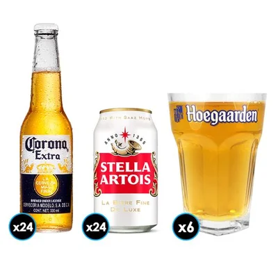 PACK CERVEZA: 24x Cerveza Corona Extra en Botellas 330cc + 24x Cerveza Stella Artois Lata 354cc + 6x Vaso Vidrio Hoegaarden 500cc