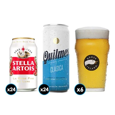 PACK CERVEZA: 24x Cerveza Quilmes Lata 473cc + 24x Cerveza Stella Artois Lata 354cc + 6x Vaso Goose Island IPA
