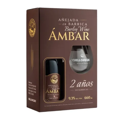 Pack Cerveza Cuello Negro Ámbar 2 Años Añejada en Barrica 9,3˚ 660cc + Copa