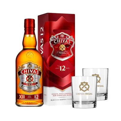PACK CHIVAS + 2 VASOS: Whisky Chivas Regal 12 años 750cc 40º alc. + 2x Vaso Chivas Regal