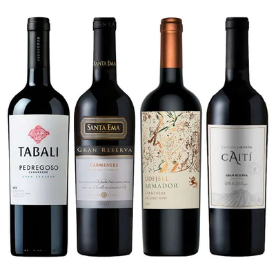 PACK CUARTETO CARMENERE: 1x Vino Tabali Pedregoso Gran Reserva Carmenere 750cc + 1x Vino Santa Ema Gran Reserva Carmenere 750cc + 1x Vino Odfjell Armador Carmenere 750cc + 1x Vino Caiti Gran Reserva Carmenere 750cc