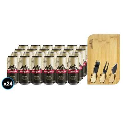 PACK CUSQUEÑA: 24X Cerveza Cusqueña Negra Lata 473cc +1x Tabla Picoteo Cusqueña