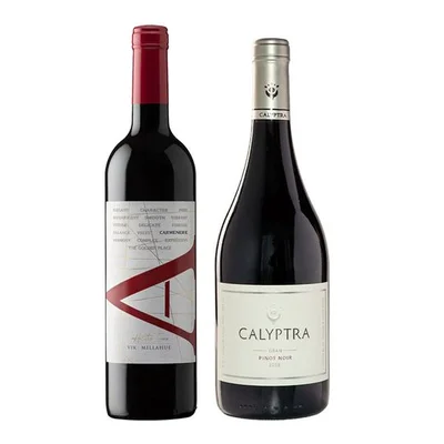 PACK DE AUTOR: 1x Vino VIK A Carmenere 750cc + Vino Calyptra Gran Pinot Noir 750cc