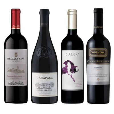 PACK GRAN RESERVA Nº4: Vino Medalla Real Gran Reserva Cabernet Sauvignon 750cc + Vino Tarapacá Gran Reserva Cabernet Sauvignon 750cc + Vino Calcu Gran Reserva Cabernet Sauvignon 750cc + Vino Santa Ema Gran Reserva Merlot 750cc