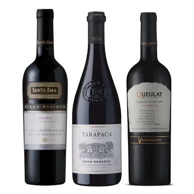 PACK GRAN RESERVA SUMMER Nº2: Vino Santa Ema Gran Reserva Malbec 750cc + Vino Tarapacá Gran Reserva Cabernet Sauvignon 750cc + Vino Ventisquero Queulat Gran Reserva Cabernet Sauvignon 750cc
