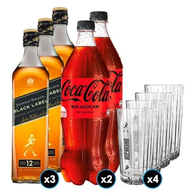 Pack Johnnie Walker Black: 3X Whisky Johnnie Walker Black Label 750cc 40º alc. + 2X Bebida Coca Cola Sin Azúcar 1.5 L + 4X Vaso Highball JW Black