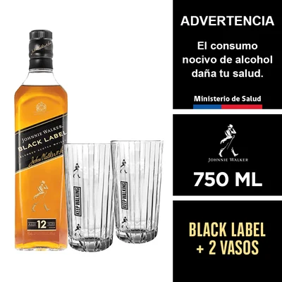 Pack Johnnie Walker Black Label 750 Ml. + 2 Vasos