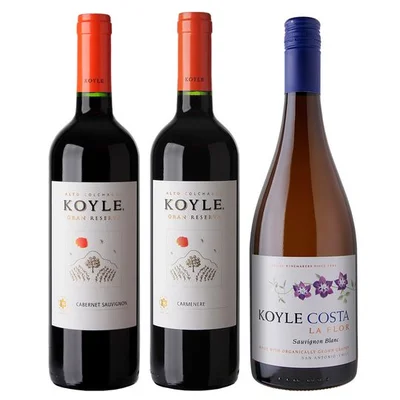 PACK KOYLE N°1: 1x Vino Koyle Gran Reserva Cabernet Sauvignon 750cc + 1x Vino Koyle Gran Reserva Carmenere 750cc + 1x Vino Koyle Costa La Flor Gran Reserva Sauvignon Blanc 750cc