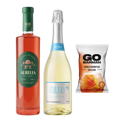 Pack Licor Sin Alcohol Aurelia Rosato 750cc + Espumante Milano Zero 750cc + Deshidratado Go Barman 32g