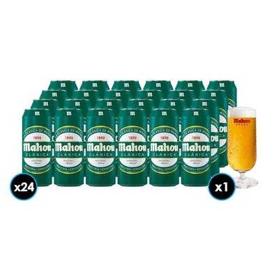 PACK MAHOU CLASICA + COPA N°2: 24x Cervezas Mahou Clásica en Lata 500cc + 1x Copa Mahou 330cc