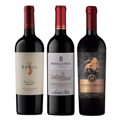 PACK MEDALLA BESTIA SUTIL: Vino Sutil Gran Reserva Carmenere 750cc + Vino Medalla Real Gran Reserva Cabernet Sauvignon 750cc + Vino Bestia Negra Cabernet Sauvignon 750cc