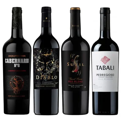PACK MIX BLEND N°3: 1x Vino Cabernario Black Blend 750cc + 1x Vino Diablo Black Cabernet Sauvignon 750cc + 1x Vino Sutil Gran Reserva Red Blend 750cc + 1x Vino Tabali Pedregoso Gran Reserva Cabernet Sauvignon 750cc