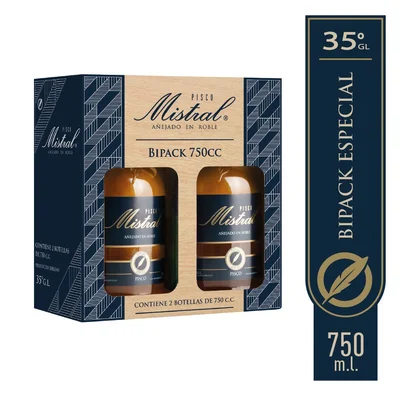 Pack Pisco Mistral 35° botella 2 un de 750 cc